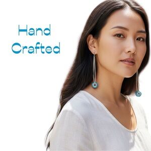 Hand Crafted Turquoise Navy Glass Bead With Silver Chain Earrings NWT